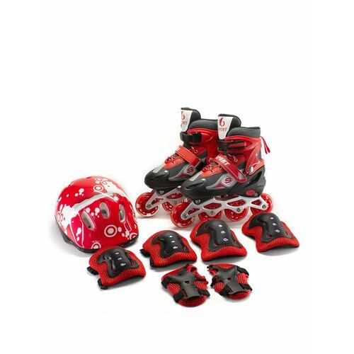 Красные раздвижные роликовые коньки, шлем, защита коленей, локтей, кистей, сумка, размер 27-30